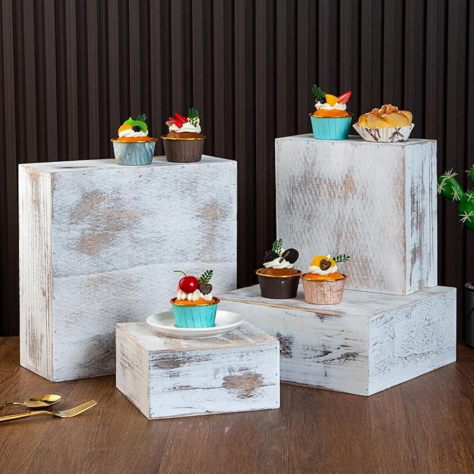 Vintage Brown Square Wooden Cake Stands For Display,Set Of 4 Wood Cupcake Stands Risers, 12 Inches Rustic Wood Crates For Wedding Cake Display,Square Wooden Display Risers For Home Decor . (Vintage White)