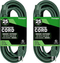 Weatherproof Green Extension Cord 25 ft, 2 Pack, 16/3 SJTW Water Resistant Outdoor Extension Cord 25 Foot 3 Prong, 13 AMP Electric Cable for Outside, Outdoor Lights & Landscaping