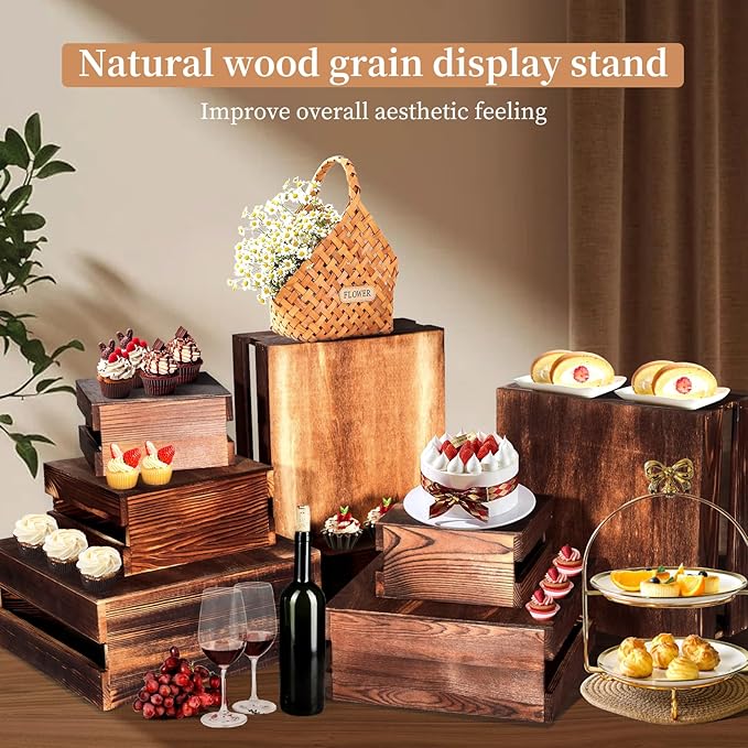 6 Pcs Buffet Risers with Mini Signs, Rustic Wood Cake Stands, Food Risers for Buffet Table, Dessert Display Stand, Wood Crates, Rustic Cake Stand for Party, Wedding, Birthday, Baby Shower, 3 Sizes