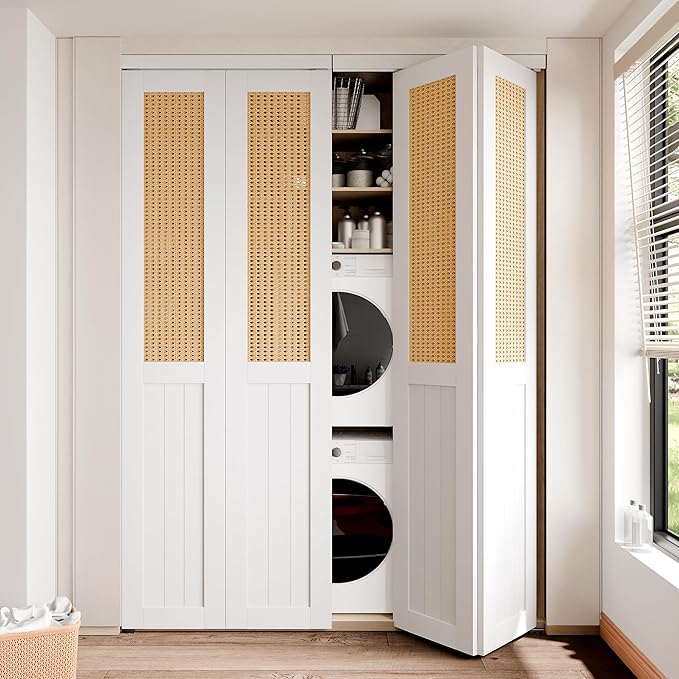 BARNER HOME Cane Bi-fold Doors - for 60in.（30in.x2） x 80in. Opening, Webbing & Wood Interior Door Slab, Including Hardware, MDF, White Folding Door for Wardrobe