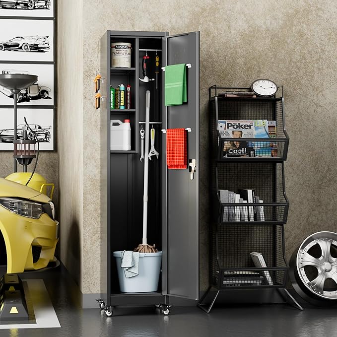 Aobabo Metal Broom Closet Storage Cabinet with Wheels, 72'' Tall Steel Cleaning Tools Garage Cabinet with Pegboards and Hooks,Assembly Required,Black