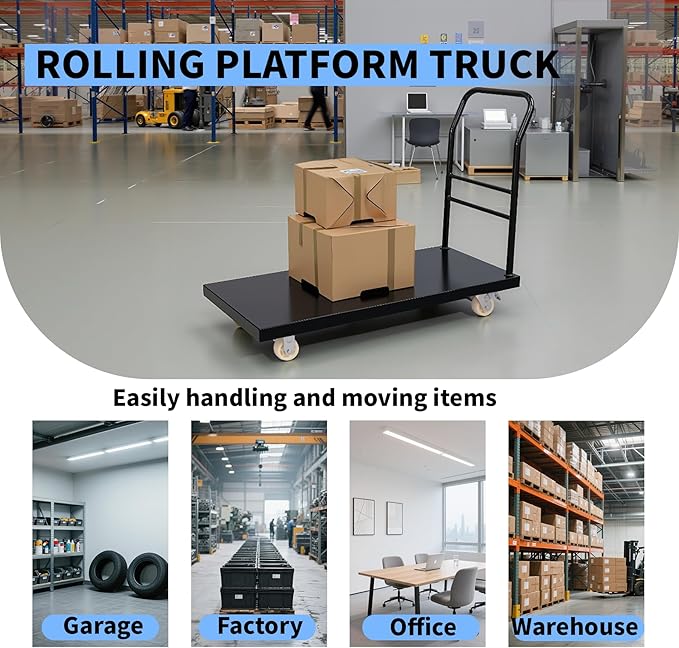 Heavy Duty Platform Truck, 3000 lbs Capacity Steel Flatbed Cart, 47" x 24" Push Cart Dolly, Black Platform Cart for Luggage and Equipment Moving