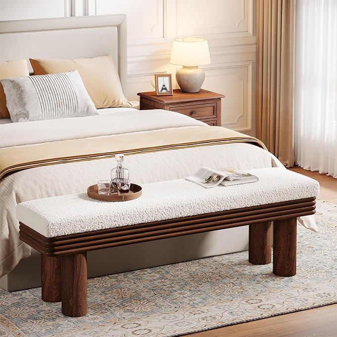 Tribesigns 55-Inch Upholstered Entryway Bench, Modern Shoe Bench with Faux Shearling Padded Seat, Upholstered End of Bed Stool for Bedroom, Entrance, Living Room (White & Dark Walnut)