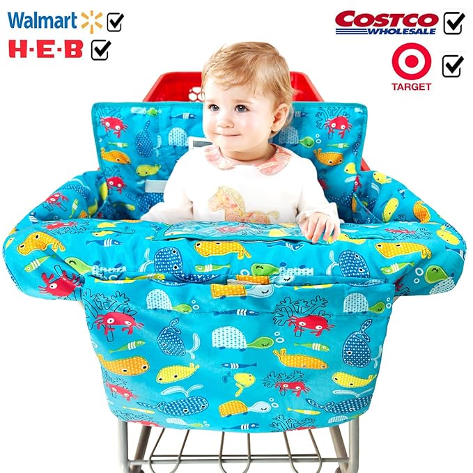 2-in-1 Shopping Cart and High Chair Cover for Baby, Padded Cover, Fold'n Roll Style, Portable with Carry Bag (Blue Seaworld)