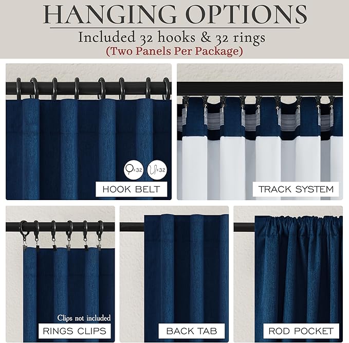 Navy Blue Blackout Curtains 96 Inch Length for Kids/Boys Rooms/Bedroom, Floor to Ceiling Track Pleated Drapes with Hooks Linen Thermal Coastal Curtain Dark Blue Window Burg 50"Wx96"Lx 2Panels Back Tab