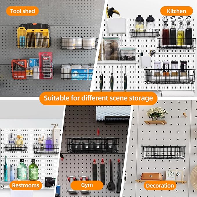 4 Pack Pegboard Baskets Hooks Set, Square Style 4 Size Peg Board Organizer Basket Bins Accessories for Workbench,Garage Storage,Tool Hanger