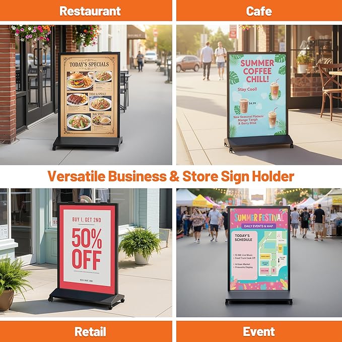 Heavy Duty Rolling Sidewalk Sign 24x36 Inch - Double-Sided Sandwich Board Poster Stand with Wheels, Slide-in Floor Standing Sign Holder Stand for Outdoor Business Advertising (Frame only)