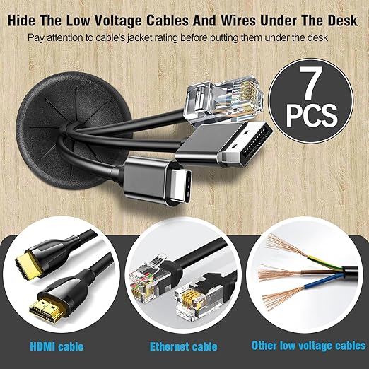 2" Black Desk Grommet, JTemgle Flexible Cable Grommet with Bi-Metal Hole Saw Rubber Cable Hole Cover Wire Organizer Caps Desktop Cord Management for Home Office TV Stands Tabletops, 7 Pieces