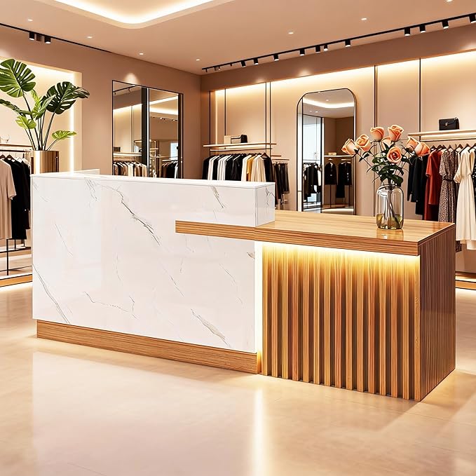 Reception Desk with Counter LED Light and Lockable Drawers and Storage Tall Modern Front Desk Reception Counter for Checkout Lobby Beauty Salon B Right 79inch/200cm