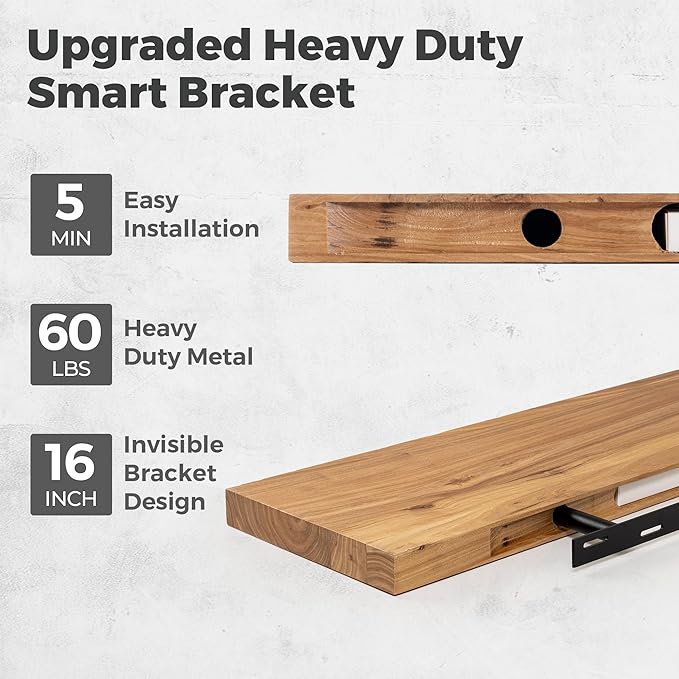 RICHFOCUS Elm Floating Shelves for Wall - 48" W x 9.3" D Rustic Solid Wood Shelves with Invisible Bracket, Wall-Mounted for Living Room, Bedroom, Kitchen Storage & Display, Set of 1, Natural