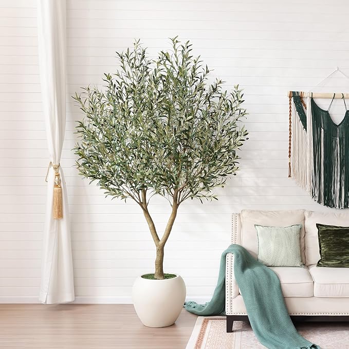 Olive Trees Artificial Indoor,8Ft Large Faux Plants,Tall Fake Tree with 18in White Round Planter,Full & Lush Faux Olive Tree for Home Decor Living Room, Office or Bedroom,Housewarming
