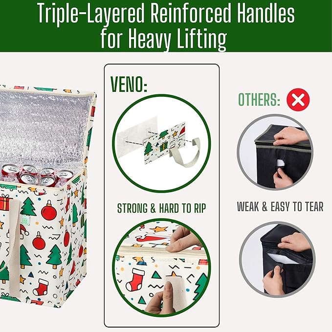 VENO 2 Pack Christmas Cooler Bag Insulated Reusable Grocery Shopping Bag, Food Delivery, Heavy Duty, Large Size, Durable Handles, Double Zippers, Lid, Collapsible (Jingle Mix, 2 Pack)