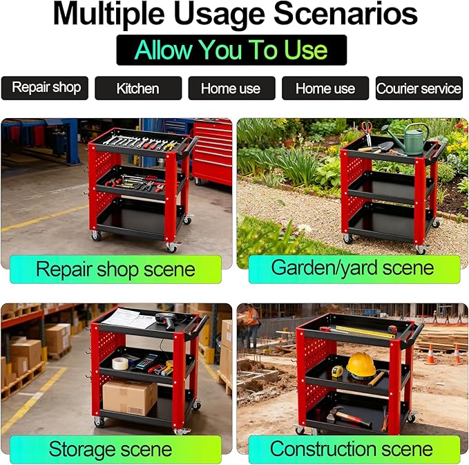 Heavy Duty 3 Tier Rolling Tool Cart, Mechanic Storage Organizer with Pegboard & Hooks, Lockable Wheels Utility Cart for Garage, Auto Repair Shop, Workshop, Warehouse（Red & Black）