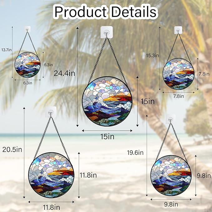 Stained Glass Window Hanging, Abstract Colorful Ocean Waves Landscape Suncatcher for Doors Window Home Sun Catchers Decor Mother's Day Birthday Gifts for Women, Men Mom 11.8 in