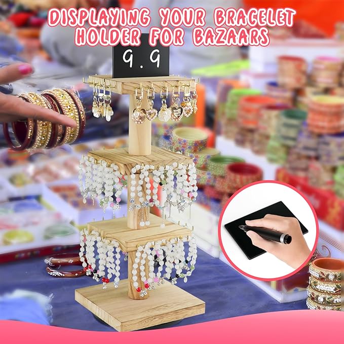 Bracelet Holder Display, 3 Tier Wooden Rotating Display Stand for vendors, 60 Hooks for Bracelet, KeyChain, Necklace, Jewelry