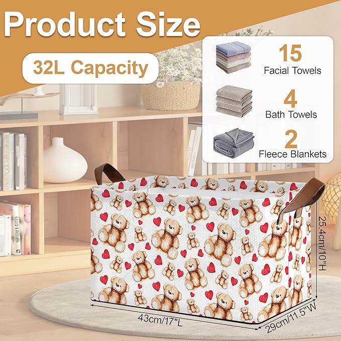 Bear Heart Storage Bin with Handles, Valentines Love Basket Storage Organizer for Shelves, Closet, Nursery, Book, Laundry Hamper & Home Decor