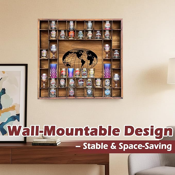 48 Shot Glass Display Case with Large World Map,28" x 27“ Solid Wood Shot Glass Holder,Wall Mounted Bar Cabinet for Wineglass Storage Decor (Brown)