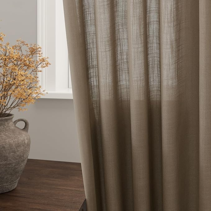 Nanspring Dark Taupe Curtains 80 Inches Length for Living Room Back Tab Rod Pocket Semi Sheer Linen Drapes Muted Neutral Boho Linen Textured Window Curtain for Dining Room Bedroom 52X80 Inches