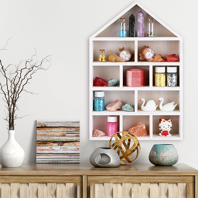 House Shaped Wooden Shadow Cubby Box 10 W x 2 1/4 D x 15 H Hanging Display Shelf Organizer Wall Mounted Curio Cabinet Wooden Display Case Miniature Shelf for Figures(Wood Color)
