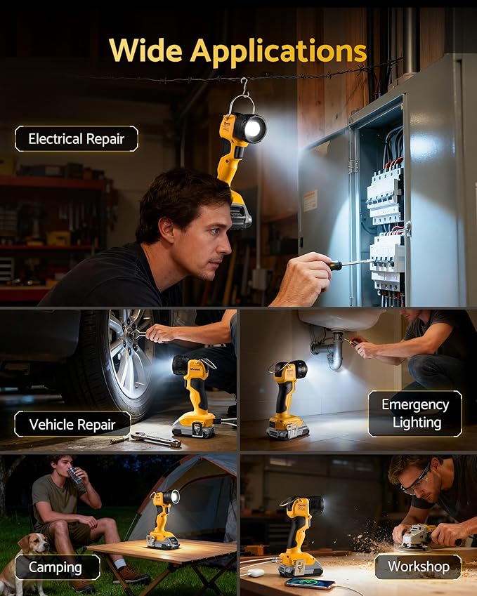 Cordless LED Work Light for Dewalt 20V MAX Battery, 3W 260LM Flashlight Portable with 2 USB Ports, 90° Pivoting Head, 15°/40° Beam Angle for Jobsite, Camping, Workshop, Bare Tool Only