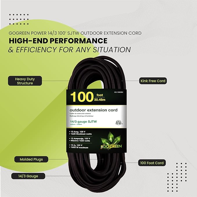 Go Green Power Inc. (GG-13800BK) 14/3 SJTW Outdoor Extension Cord, Black, 100 ft