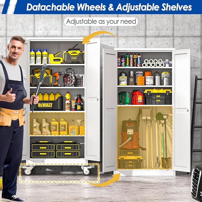Metal Garage Storage Cabinet with Lock, Steel Tool Cabinet with 2 Door and 4 Adjustable Shelves, 71” Tall Lockable File Cabinet with Wheels, Rolling Cabinet for Home Office Garage Gym - White