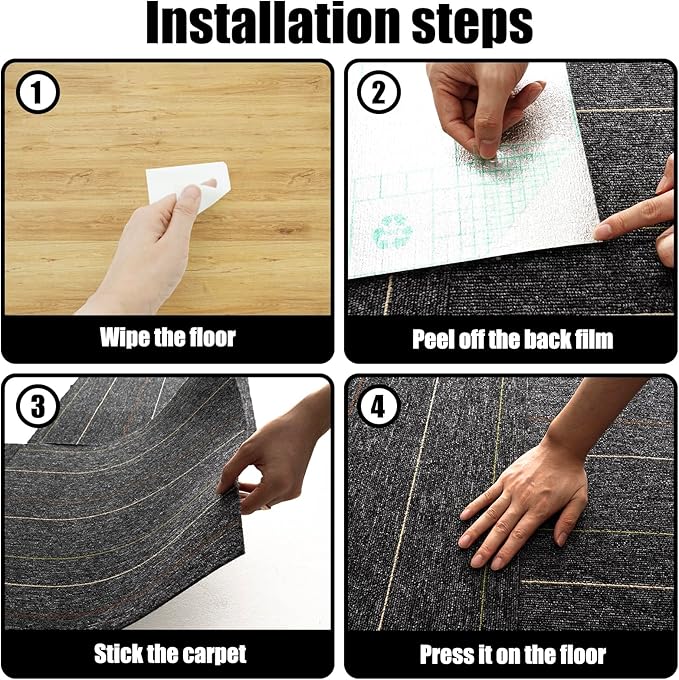 24 * 24in Self-Adhesive Carpet Tiles, Peel and Stick Floor Squares for Home Office, Removable Decorative Rug Mat, Easy Install, Sound Absorbing (20Pcs Dark Grey)