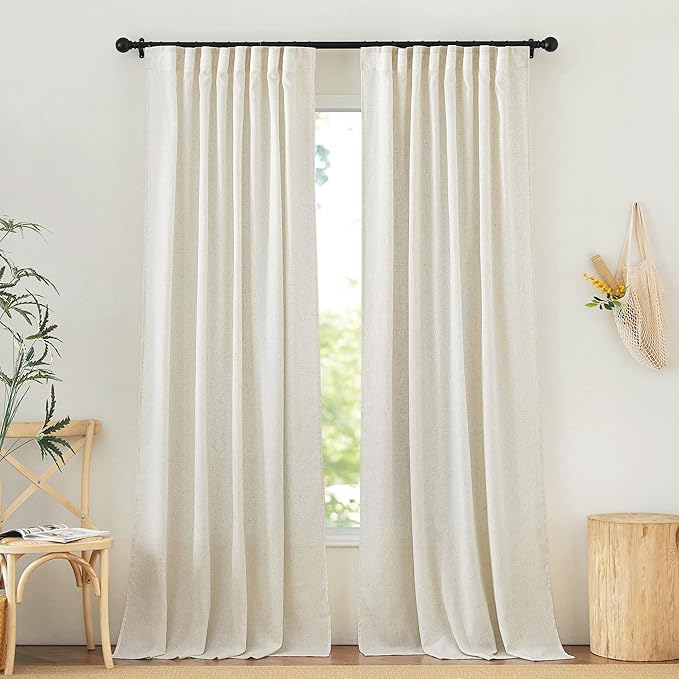 NICETOWN Natural Linen 132 inch Semi Sheer Curtains, Back Tab & Rod Pocket with Pleat Tab Privacy Added with Light Filtering Window Treatments for Living Room, W52 x L132, 2 Panels