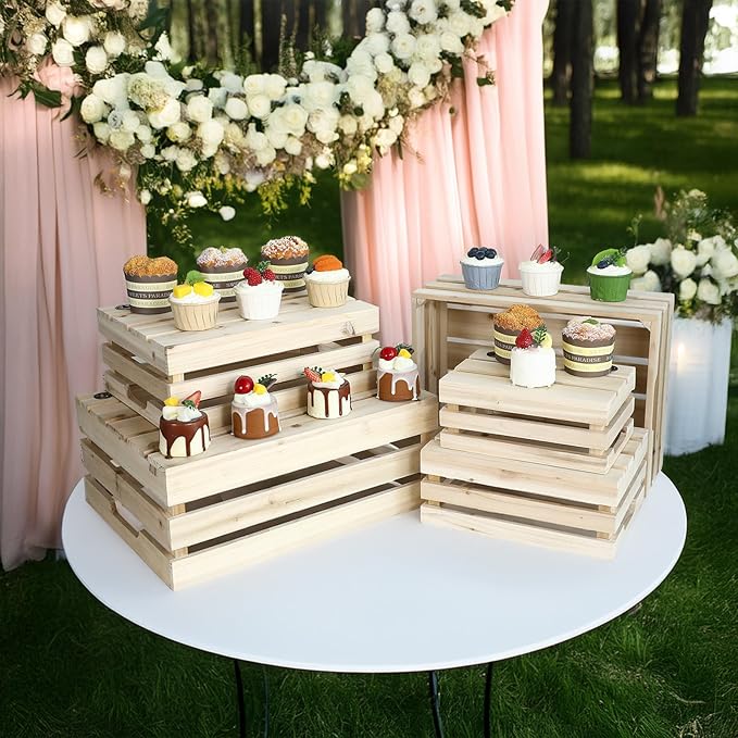 Wooden Crates, Unfinished Set of 5 Large Wood Crates with Handles, Rustic Farmhouse Wooden Crate for Decor, Wedding Birthday Home Party Living Room Kitchen Decoration