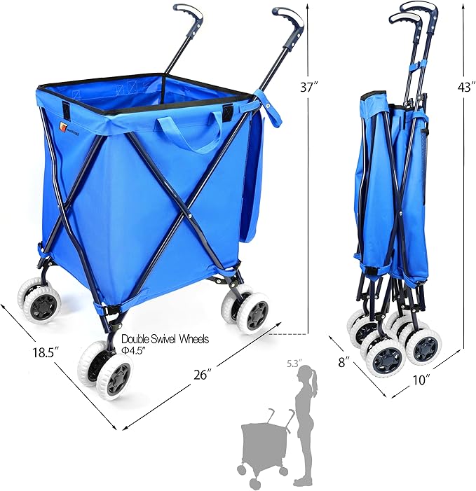 Foldable Shopping Cart with Wheels – Wellmax WM99100 Series Grocery Cart on Wheels with Removable Canvas Bag & Cover, Portable Utility Cart for Laundry, Groceries & More – Holds 120 lbs (Blue)