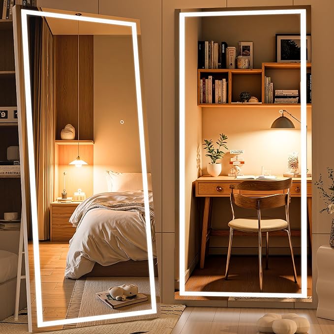 Full Length Mirror with Lights, 71" x 32" LED Lighted Floor Standing Body Mirror, Dimmable & 3 Color Lighting for Bedroom, Cloakroom, Dressing Room, Tempered Glass, Square White