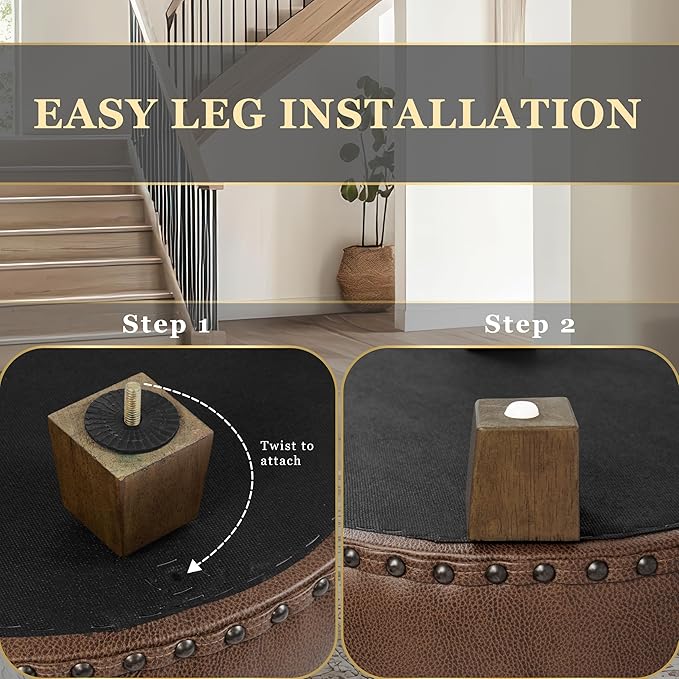 Homepop Home Decor | Upholstered Round Storage Ottoman with Nailheads| Ottoman with Storage for Living Room & Bedroom, Brown Faux Leather