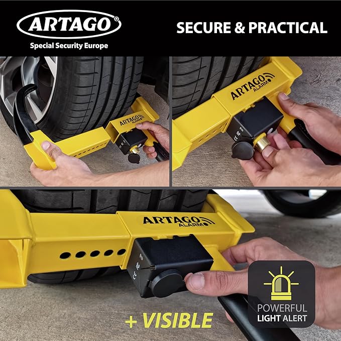 ARTAGO ART872 High-End Wheel Clamp Lock, 2in1 Without/with 120dB Alarm +Night LED Alert, Patented, Heavy-Duty Trailer Wheel Lock, High Security Car Boot, Universal Tire Clamp Anti-Theft for Golf Cart
