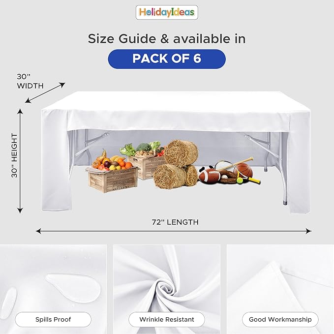 HolidayIdeas Open Back Fitted Tableclothss for 6 Ft Rectangle Table, Wrinkle Resistant Washable Table Covers 72x30 Inch for Craft Fairs, Banquets, Trade Show Display, White,6 Pcs