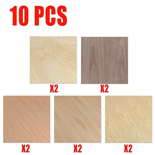 GSCIT Club 10 PCS Wood Veneer, 8 inch x 8 inch Birch, Oak, Maple, Walnut and Red Oak Wood Edge Banding Pre-glued Flexible, Veneer Tape Banding