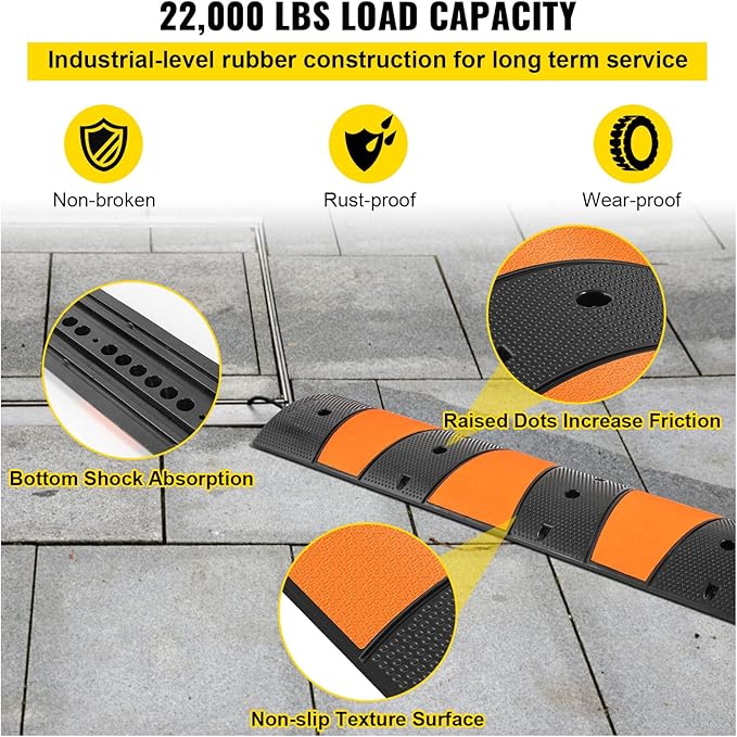 VEVOR Rubber Speed Bump, 1 Pack 2 Channel Speed Bump Hump, 72.8" Long Modular Speed Bump Rated 22000 LBS Load Capacity, 72.8 x 12.2 x 2.2 Garage Speed Bump for Asphalt Concrete Gravel Driveway-6 FT