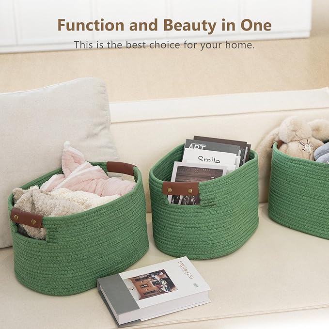 Cotton Rope Basket, Storage Baskets with Handle, 15x10x9 Inch Woven Basket for Shelves, Laundry, Towels, Clothes, Books (Green 3Pack)