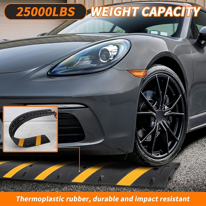 Heavy Duty 84" Rubber Speed Bumps - 2 Channel Modular Traffic Hump, Cable Protector Ramps for Asphalt, Concrete & Gravel Driveways, Includes 2 End Caps & 6 Spikes