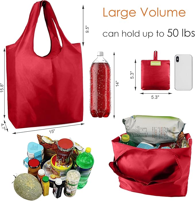 BeeGreen Foldable Travel Bag Reusable Shopping Bags for Groceries - 6 Pack Large Collapsible Bags - Lightweight Machine Washable Tote Bags - Colorful Kitchen Grocery Bags (Red, Orange, Green)