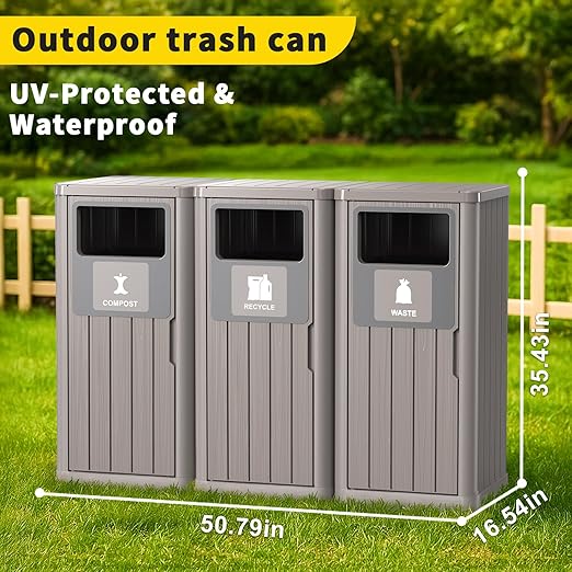 Outdoor Three Barrel Trash Can,Waterproof Resin Garbage Can with Garbage Labels,Durable Waste Bin for Porch, Backyard,Kitchen,for 30 to 39 Gallon Trash Bags