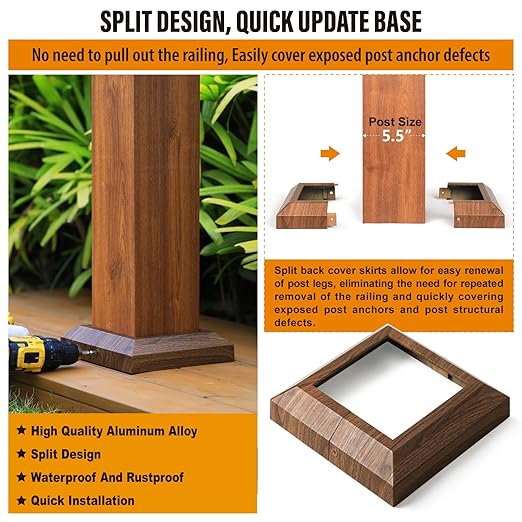 1 pcs 6"x6" (Actual: 5.5"x5.5") Aluminum Deck Post Base Cover, for Deck railings, Stairs, Patios, Porches Split Deck Post Skirt (Walnut Wood)