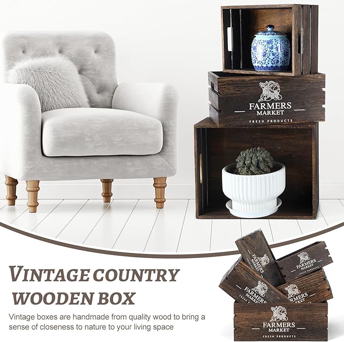 Barydat Set of 5 Wood Crates for Display Decorative Nesting Wooden Crate Storage with Handles Vintage Farmhouse Style Decorative Boxes Multipurpose Fruits Vegetables Boxes(Dusty Brown,Elegant)