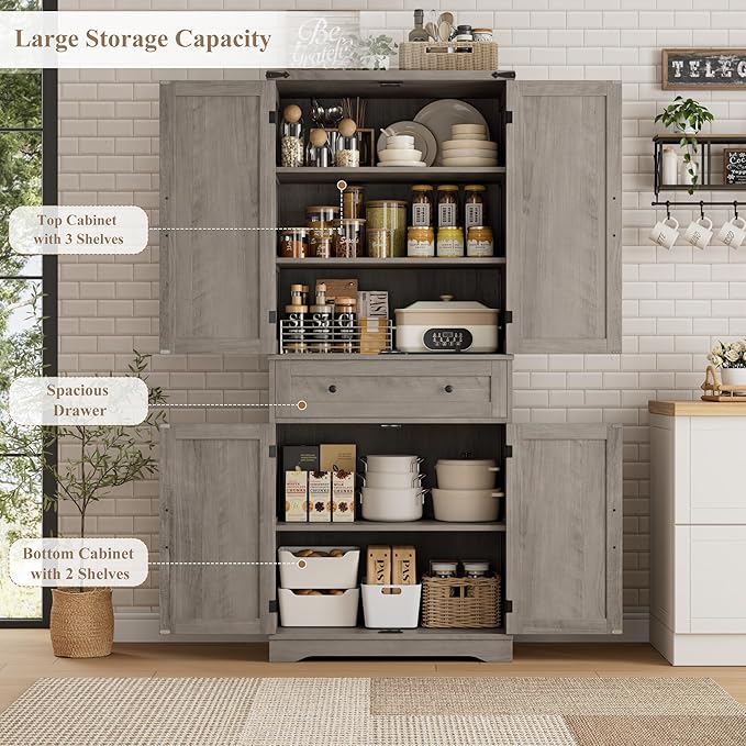 HOSTACK 71" Tall Pantry Cabinet, Farmhouse Kitchen Pantry with Storage Shelves, Barn Doors Food Storage Cabinet, Freestanding Kitchen Hutch with Large Drawer for Dining Room, Living Room, Ash Gray