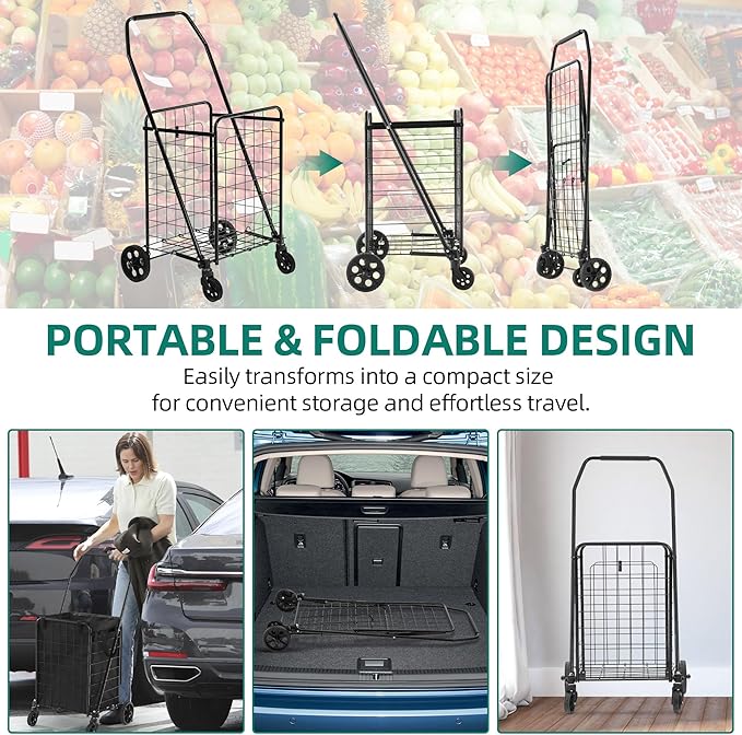 YITAHOME Folding Shopping Cart with Liner, Foldable Grocery Cart with Wheels for Seniors, Portable Collapsible Utility Carts for Shopping, Groceries, Laundry & Storage