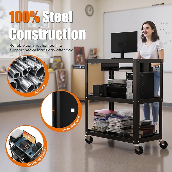 Extra-Large 3-Tier Utility Cart with Built-in Power Strip – Heavy-Duty 14-Gauge Steel Rolling Cart for Office, Workshop, or Classroom – 300 Lb Capacity (34" x 18" x 41.75")