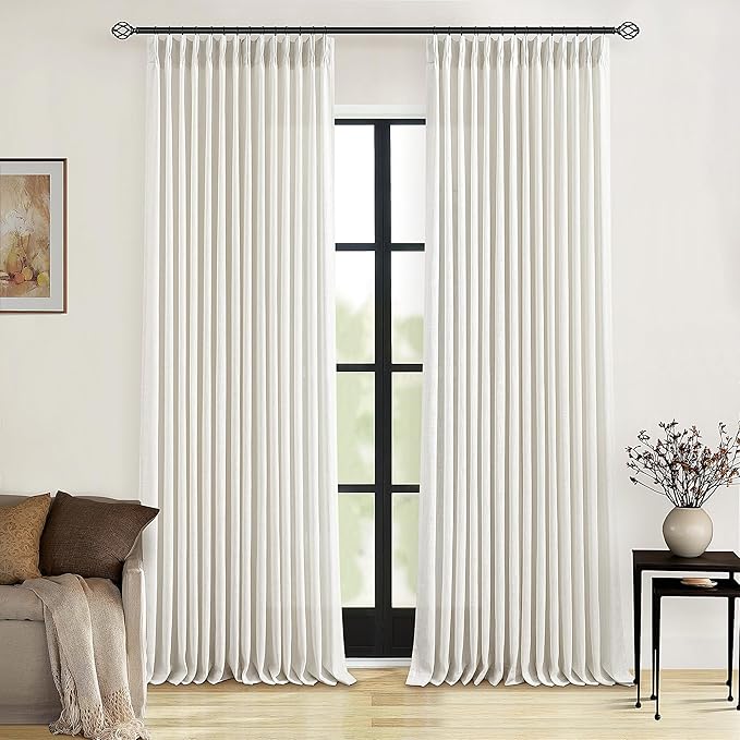 Natural Linen Pinch Pleated Curtains 120 Inches Long for Living Room Pleated Drapes Hooks Back Tab Thick Linen Textured Boho Farmhouse Cream Ivory Birch Extra Long 120 Inch Curtain for Dining Bedroom