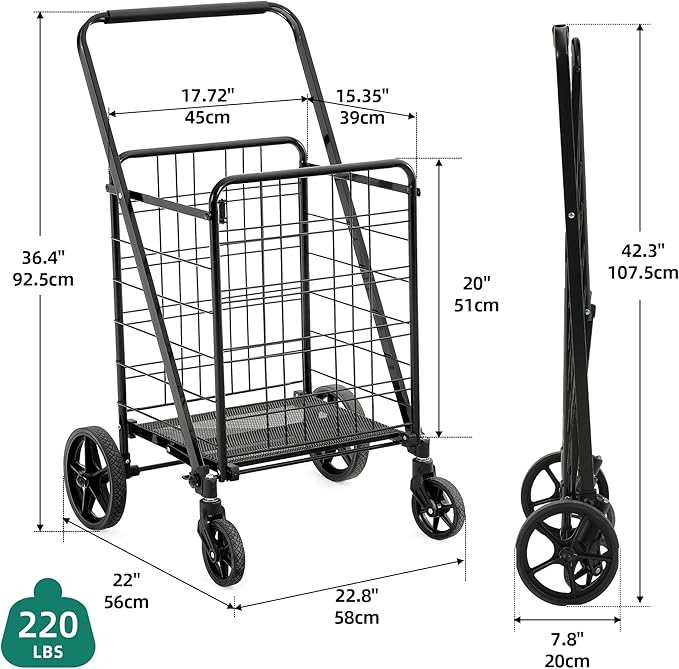 YITAHOME Utility Foldable Shopping Cart with Wheels, Large Reinforced Mesh Bottom, Portable Collapsible Rolling Cart for Laundry, Grocery, Luggage, Storage and Seniors, 220 lbs Capacity, Black