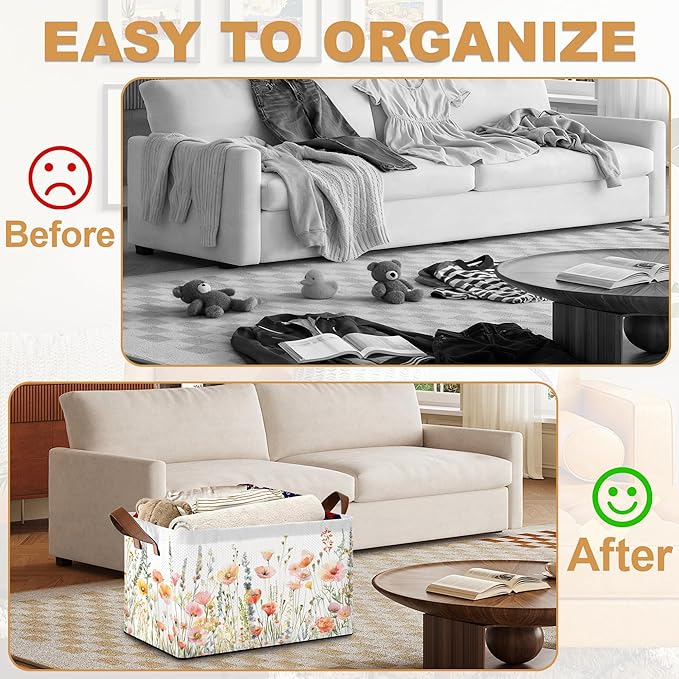 32L Large Storage Bins with Handles, Basket Organizer for Shelves, Closet, Books, Laundry & Home Decor (Flower Cluster)