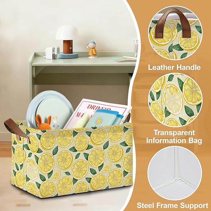 Lemon Storage Bin with Handles, Basket Storage Organizer for Shelves, Closet, Nursery, Book, Laundry Hamper & Home Decor