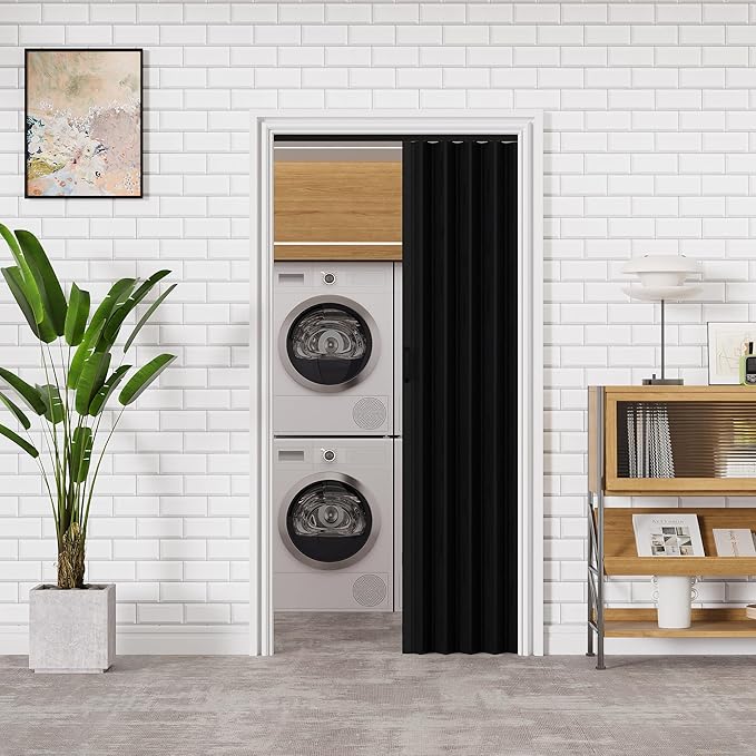 36" x 80" Accordion Doors Interior Folding Door, Black PVC Accordion Door for Opening Width: 24"-36", Adjustable Height & Width, Two Strong Magnetic Blocks for Close Tightly, Protect Privacy